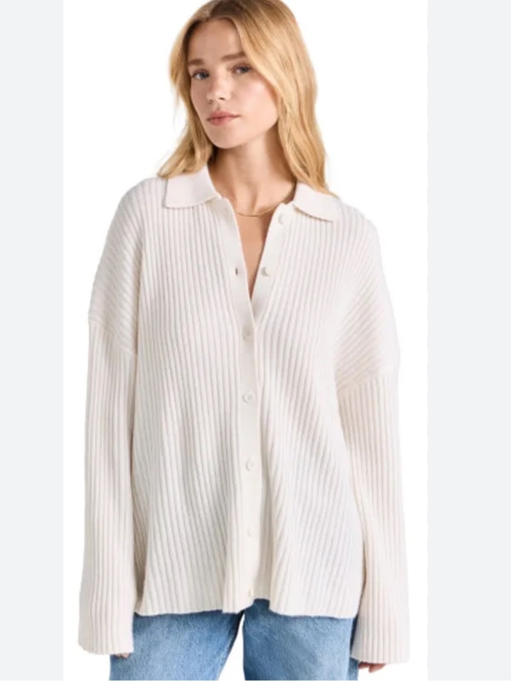 REFORMATION Ivory White Ribbed Knit Fantino Cashmere Collared Button Cardigan